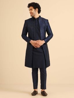 KISAH - Navy Blue Silk Blend Metallic Sherwani Kurta with Trouser