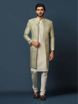 KISAH - Cream Silk Blend Indo-Western Sherwani with Jacquard Jacket & Churidar