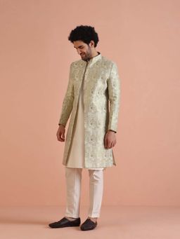 KISAH - Cream Silk Blend Kurta Sherwani Jacquard Indo-Western Trousers