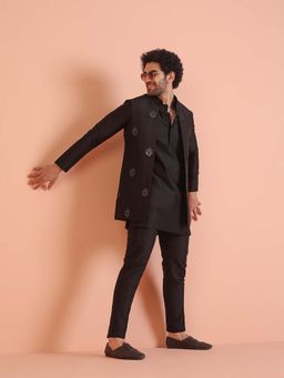 KISAH - Black Silk Blend Embroidered Nehru Jacket with Kurta & Trouser