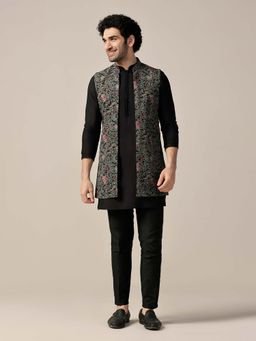 KISAH - Black Silk Blend Printed Jacket with Kurta & Trouser