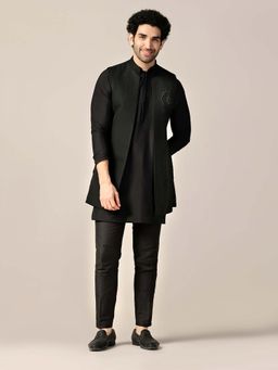 KISAH - Black Silk Blend Embroidered Jacket with Kurta & Trouser