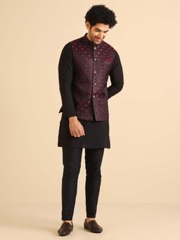 KISAH - Black Cotton Silk Burgundy Textured Nehru Jacket with Kurta & Trouser