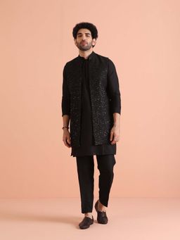 KISAH - Black Silk Blend Sequined Nehru Jacket with Kurta & Trouser