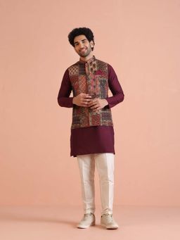 KISAH - Multi Color Art Silk Printed Nehru Jacket Bundi with Trouser
