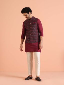 KISAH - Wine Silk Blend Printed Jacket with Kurta & Trouser