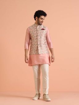 KISAH - Pink Floral Art Silk Nehru Jacket Bundi with Kurta Trouser