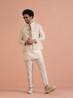 KISAH - Off-White Floral Print Jacket with Kurta and Trouser