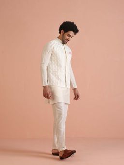 KISAH - Cream Silk Blend Textured Nehru Jacket with Kurta & Trouser