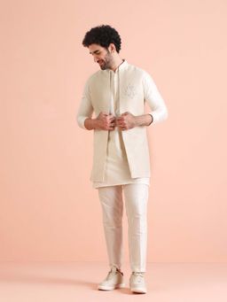 KISAH - Cream Silk Blend Embroidered Jacket with Kurta and Churidar