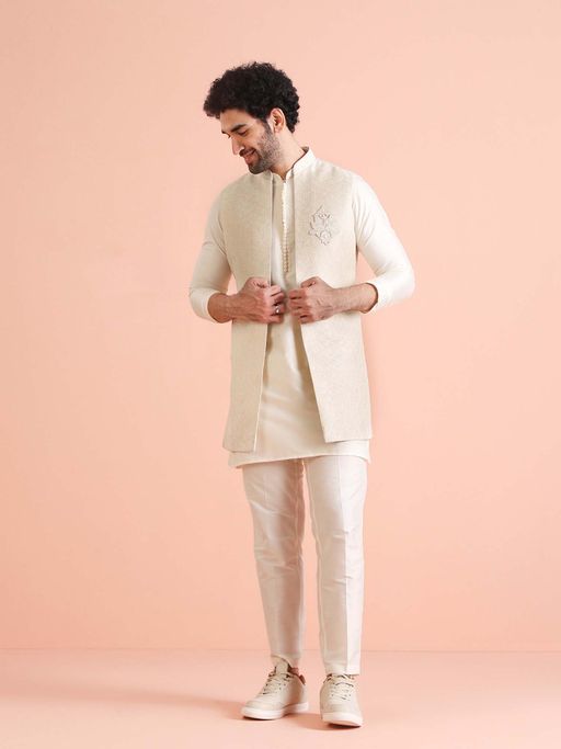 KISAH Cream Silk Blend Embroidered Jacket with Kurta and Churidar
