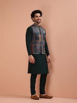 KISAH - Multicolor Art Silk Printed Nehru Jacket Bundi with Kurta Churidar