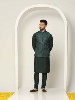 KISAH - Dark Green Woven Nehru Jacket with Kurta & Churidar