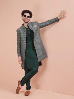 KISAH - Grey Art Silk Embroidered Sherwani & Kurta with Churidar