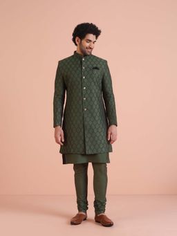 KISAH - Green Cotton Silk Jacquard Sherwani Kurta with Churidar