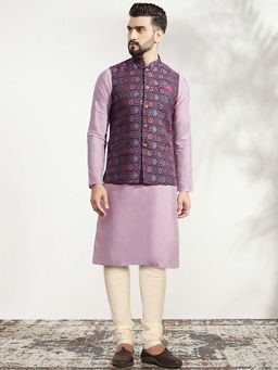KISAH - Lavender Silk Blend Kurta with Printed Nehru Jacket with Kurta & Trouser