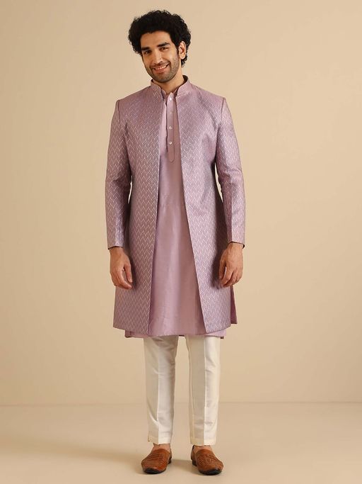 KISAH Lavender Silk Blend Metallic Front Open Sherwani Kurta with Trouser