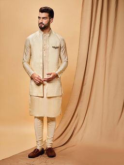 KISAH - Beige Silk Blend Jacquard Jacket with Kurta and Churidar