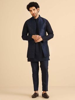 KISAH - Navy Blue Silk Blend Metallic Jacket with Kurta & Trouser
