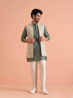 KISAH - Green Silk Blend Printed Jacket with Kurta & Trouser