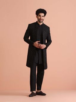 KISAH - Mens Black Sequinned Sherwani Kurta with Trouser