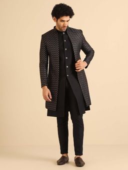 KISAH - Black Zig-Zag Embroidered Sherwani Jacket with Trouser