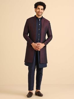 KISAH - Navy Maroon Silk Blend Jacquard Jacket Sherwani with Trouser