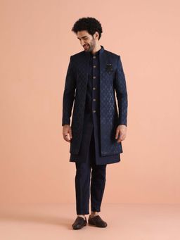 KISAH - Navy Blue Silk Blend Indo Western Jacket Sherwani with Trouser