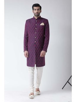 KISAH - Wine Jacquard Sherwani with Cream Churidar