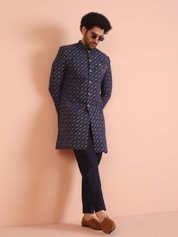 KISAH - Mens Navy Blue Printed Indo-Western Sherwani with Trouser