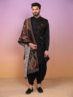 KISAH - Mens Black Jacquard Sherwani & Dhoti with Dupatta