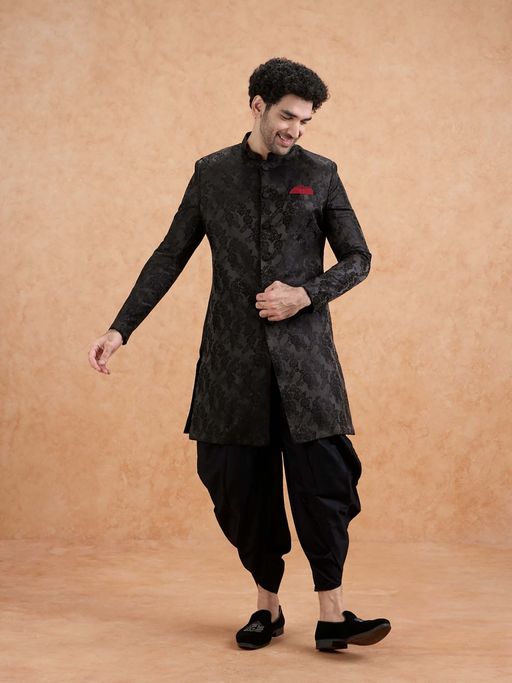 KISAH Black Jacquard Silk Sherwani & Dhoti