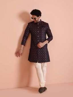KISAH - Navy Gold Silk Blend Sherwani with Trouser