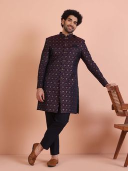 KISAH - Navy Gold Silk Blend Sherwani with Trouser