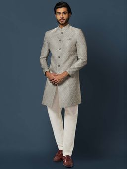 KISAH - Grey Textured Sherwani & Churidar
