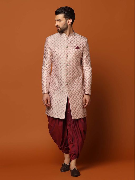 KISAH Mens Cream Jacquard Indo-Western Sherwani with Dhoti
