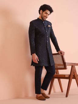 KISAH - Navy Blue Textured Sherwani & Trouser