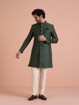 KISAH - Mens Green Silk Blend Jacquard Indowestern Sherwami with Cream Trouser