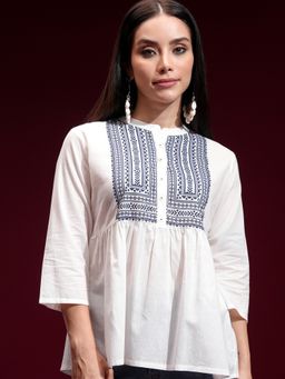 VISHUDH - White Geometric Printed Mandarin Collar Empire Top