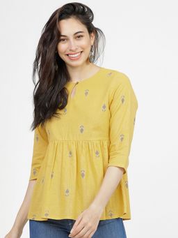 VISHUDH - Mustard Printed Pure Cotton Empire Top