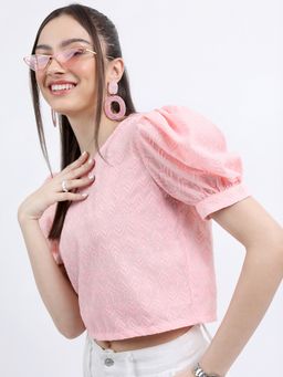 VISHUDH - Pink Embroidered Puff Sleeve Crop Top