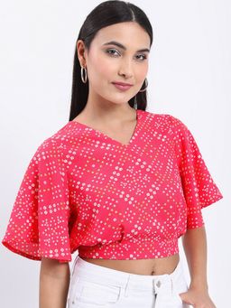 VISHUDH - Pink Geometric Printed V-Neck Flared Sleeves Crop Top