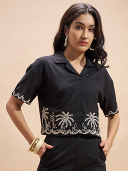 VISHUDH - Black Floral embroidered Crop Top