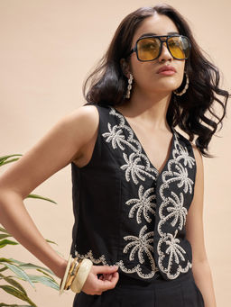 VISHUDH - Black Embroidered V Neck Waist Top