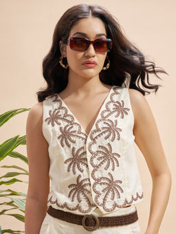 VISHUDH - Off White Embroidered V Neck Waist Top