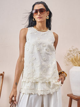 VISHUDH - White Floral Embroidered Cotton Top