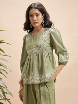 VISHUDH - Green Embroidered Gathered Top