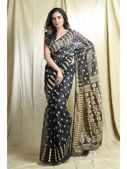 Arhi - Black Silk Cotton Handwoven Soft Saree With Allover Copper Zari Weving