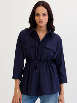 Femmella - Navy Blue Solid Relaxed Fit Shirt