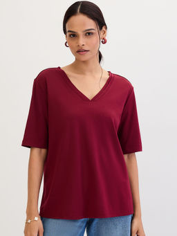 Femmella - Maroon Solid Relaxed Fit Top